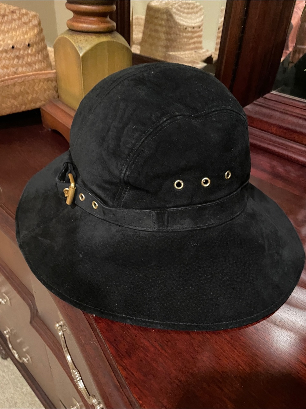 Black Suede Wide Brim Hat with Gold Eyelets - Women Accessories